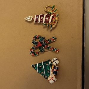 Three Vintage Rhinestone Christmas Brooches- Tree, Candy Cane, Candle